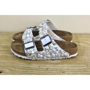 Birkenstock Sandals 6 Arizona White Jeweled Buckle Slides Shoes Customized